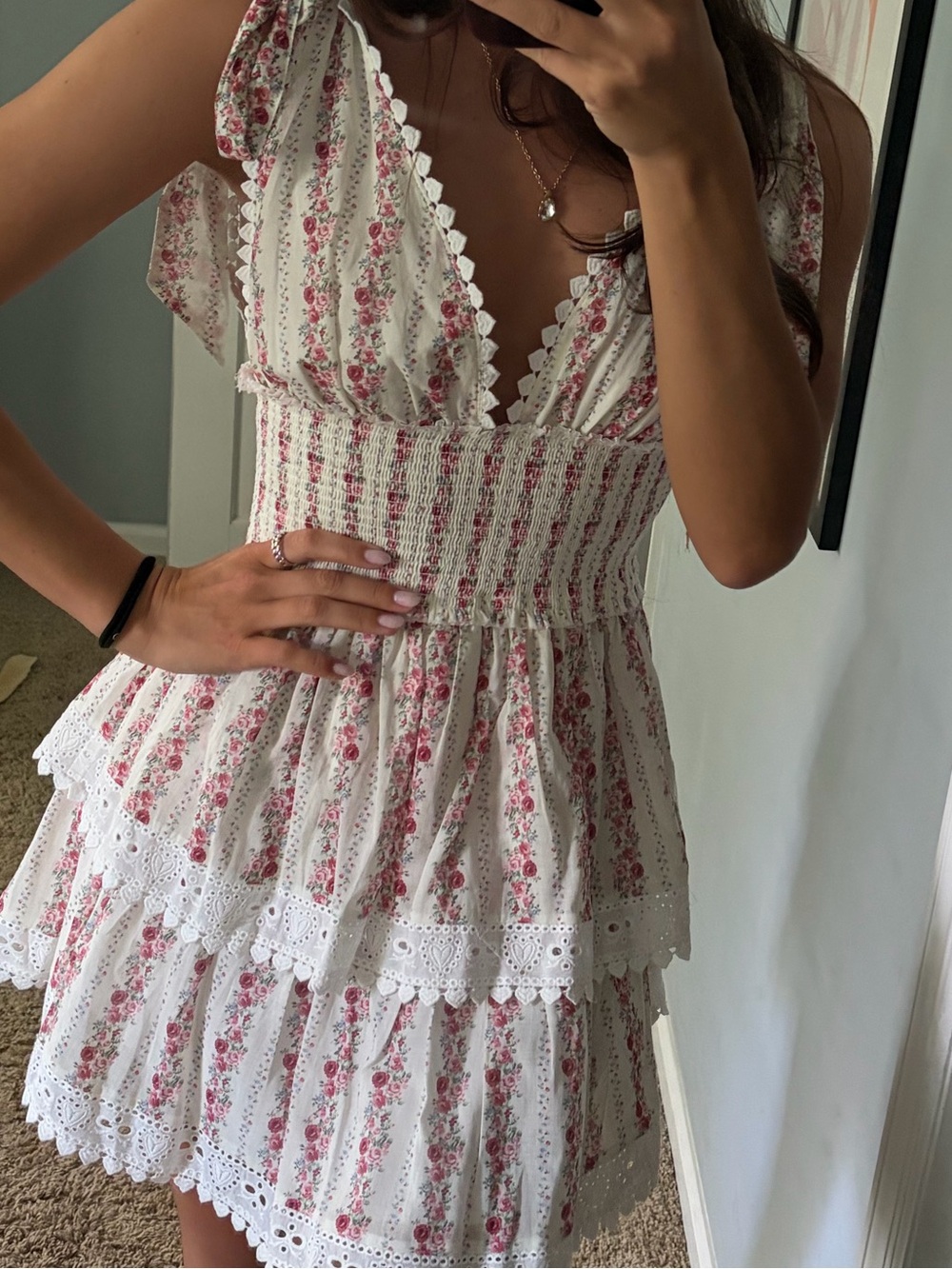Floral Tie-Shoulder Mini Dress in Cream and Pink